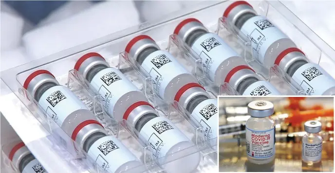  ?? Ap pHOTOS ?? HERE IT COMES: Vials of Johnson & Johnson’s COVID-19 vaccine are seen in a photo provided by the company. The vaccine has been recommende­d for FDA approval. Inset, the two vaccines already in circulatio­n, from Moderna and Pfizer.