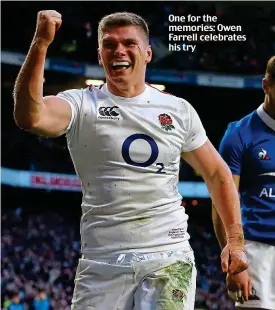  ??  ?? One for the memories: Owen Farrell celebrates his try