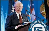  ?? SUSAN WALSH/AP ?? Attorney General Jeff Sessions plans to address the suit Wednesday at a gathering of authoritie­s in Sacramento.