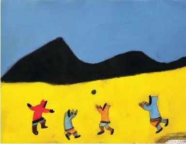  ??  ?? 05 Elisapee Ishulutaq Untitled (Children Playing a Game) 2016 Oil stick on paper 57.2 × 76.2 cm COURTESY MARION SCOTT GALLERY