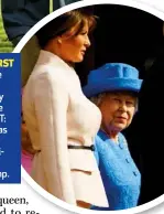  ??  ?? AMERICA FIRST Trump strode ahead of the queen as they inspected the troops. RIGHT: The queen was left to stand beside American first lady Melania Trump.