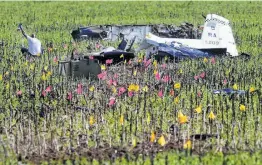  ?? William Luther / San Antonio Express-News ?? A person works near the remains of the 12th Flying Training Wing two-seat, turboprop T-6A Texan II that crashed on Tuesday.