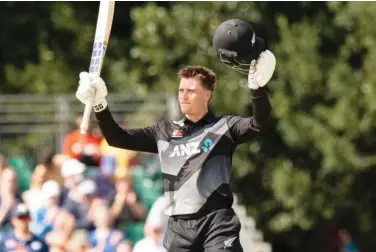  ?? Courtesy: New Zealand cricket Twitter ?? ±
New Zealand’s Finn Allen celebrates after scoring a century against Scotland during their first T20 match on Wednesday.