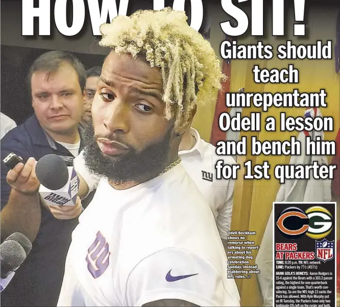  ?? AP ?? Odell Beckham shows no remorse when talking to reporters about his urinating dog celebratio­n Sunday, instead blabbering about NFL rules.