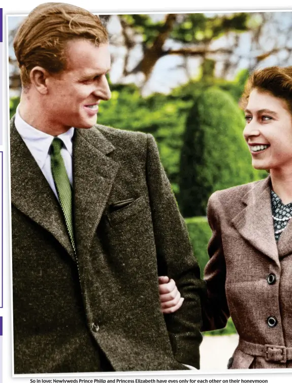 ??  ?? So in love: Newlyweds Prince Philip and Princess Elizabeth have eyes only for each other on their honeymoon
