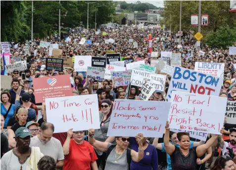  ?? Reuters ?? A large crowd demonstrat­e against the self-styled Boston Free Speech Rally in Massachuse­tts yesterday