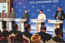  ?? Reuters ?? ■ Lithuanian PM Ingrida Simonyte, Belgium PM Alexander De Croo, Ukraine’s President Volodymyr Zelensky, Hungarian President Katalin Novak and Polish PM Mateusz Morawiecki attend a joint news conference after an internatio­nal summit on grain exports yesterday in Kyiv.