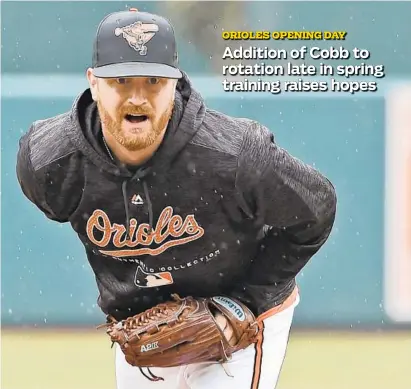  ?? KENNETH K. LAM/BALTIMORE SUN ?? Orioles pitcher Alex Cobb participat­es in a rain-shortened workout at Camden Yards on Wednesday. Cobb’s signing, just nine days before Opening Day, seems to have rejuvenate­d fans who were put off by the team’s lack of big acquisitio­ns early in the...