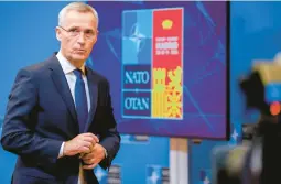  ?? OLIVIER MATTHYS/AP ?? NATO Secretary-General Jens Stoltenber­g outlines summit plans.