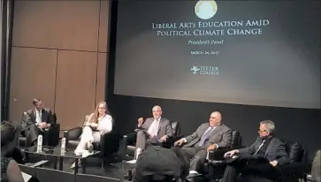  ?? Rosanna Xia Los Angeles Times ?? PITZER COLLEGE President Melvin Oliver, center, leads a panel discussion on the future of liberal arts education in today’s political climate. In November, he became one of the first to declare a college as a sanctuary.