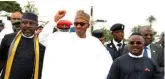  ??  ?? Governor Rochas Okorocha, President Buhari and Governor Ayade during the groundbrea­king ceremony