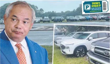  ?? ?? Cars parked on vacant land near Kirra Surf Shop during the Queensland Surf Life Saving Championsh­ips Youth Weekend; (inset) Gold Coast Mayor Tom Tate.