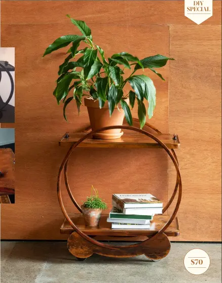  ??  ?? STYLIST’S TIPS After you’ve smartened up your cart, styling it is half the fun – whether you want to create a cocktail corner or some extra storage. Above Display your treasured possession­s on a sculptural wooden cart – it’s the perfect home for a stack of books and a collection of pot plants. Opposite Go glam with a retro trolley stocked with your favourite tipple and a few stylish pieces of vintage stemware.