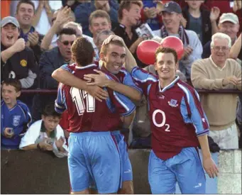  ??  ?? Doolin’s first game in charge - Andy Myler celebrates with Mark Quinless and Don Tierney after putting Drogheda ahead in the 2003 FAI Carlsberg Cup tie with Bohemians at United Park, but the Gypsies equalised late on and won the replay at Dalymount.