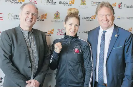  ?? ADRIAN LAM, TIMES COLONIST ?? Roy Halpin, executive director of Boxing Canada, left, boxer Alexandra Strickland and Langford Mayor Stew Young helped announce the 2019 Super Channel nationals are coming to Bear Mountain next April.