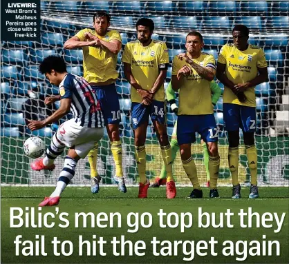  ??  ?? LIVEWIRE:
West Brom’s Matheus Pereira goes close with a free-kick