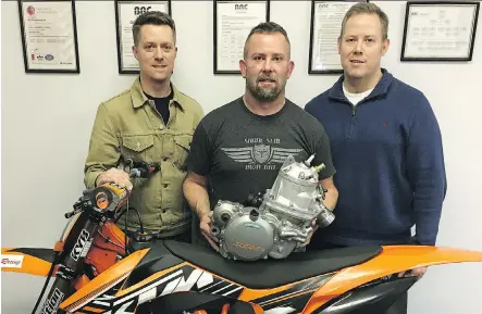  ?? BRC ENGINEERIN­G ?? BRC Engineerin­g’s Steve Buffel, left, Riley Will, and his brother Carter Will with the BRC 500cc two-stroke engine that slots into a stock 2007- 2016 KTM dirt bike chassis. The engines are selling as quickly as they can build them.