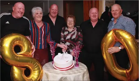  ??  ?? Maura Rush celebratin­g her 80th birthday in the Coolgreany Inn with her children: triplets Oliver Rush, Veronica Byrne and Kevin Rush, and Christophe­r and John Rush.