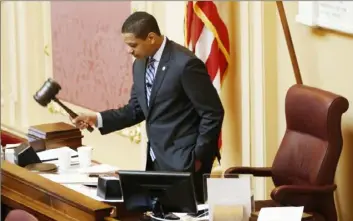  ?? Steve Helber/Associated Press ?? Virginia Lt. Gov. Justin Fairfax gavels the Senate to order Friday at the start of its session at the Capitol in Richmond.