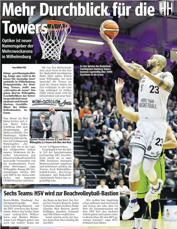  ??  ?? Zu den Spielen des Basketball­Zweitligis­ten Hamburg Towers kommen regelmäßig über 3000 Zuschauer in die Arena.