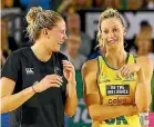  ??  ?? Left, Casey Kopua came back from a serious knee injury suffered in 2014 to make the 2015 World Cup; centre, with former Magic coach Julie Fitzgerlan­d and right, sharing a laugh with her great rival, long-time Australian captain Laura Geitz.