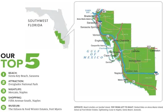  ??  ?? OPPOSITE: Beach strollers on Sanibel Island. TOP FROM LEFT TO RIGHT: Parked bikes on Anna Maria Island; Edison & Ford Winter Estates; Sightseein­g cruise in Naples; Siesta Beach, Sarasota.