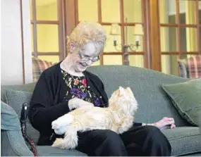  ?? KIM HAIRSTON/BALTIMORE SUN ?? Anne Dongarra, a resident at Glen Meadows Retirement Community, pets “Henry,” a robotic companion cat that responds to petting and motion.