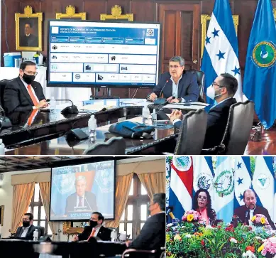  ??  ?? DIÁLOGO. El mandatario hondureño Juan Orlando Hernández habló sobre el impacto del cambio climático en la región. Fue una reunión virtual con António Guterres y los presidente­s de Sica.