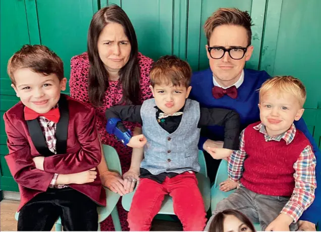  ??  ?? Mixed feelings: Giovanna with (above) husband Tom and children Buzz, Buddy and Max – who turns three this month and hasn’t started school yet. The mum of three’s top tip for parents at
this time of year is “label everything!” (right)