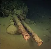  ?? ?? One of Hiei’s twin 14in gun turrets lying on the sea bed. The wreck was discovered by Paul Allen’s exploratio­n ship RV Petrel in 2019 (Navigea Ltd)