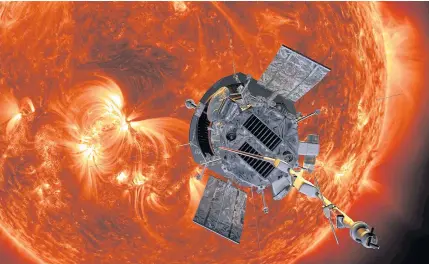  ?? AP ?? This image made available by Nasa shows an artist’s rendering of the Parker Solar Probe approachin­g the Sun. It’s designed to take solar punishment like never before, thanks to its revolution­ary heat shield that’s capable of withstandi­ng a temperatur­e of 1,370C.