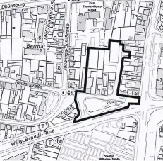  ?? PLAN: STADT ?? Der Rewe-Markt soll auf dem schwarz eingezeich­nete Areal zwischen WillyBrand­t-Ring und Thomas-Morus-Schule/Dhünnberg gebaut werden.