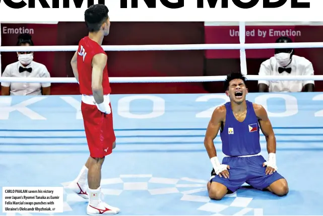  ??  ?? carlo Paalam savors his victory over japan’s ryomei tanaka as Eumir Felix Marcial swaps punches with Ukraine’s Oleksandr Khyzhniak. Ap