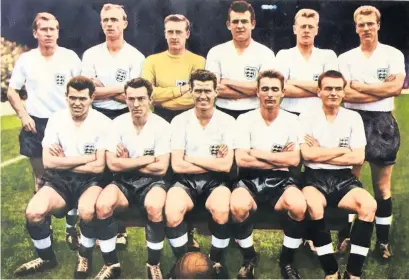 ??  ?? Smith for England. Back row, from left: Bobby Charlton, Don Howe, Eddie Hopkinson, Trevor Smith, Tony Allen, Ron Flowers. Front: John Cennelly, Jimmy Greaves, Ronnie Clayton, Brian Clough, Edwin Holliday