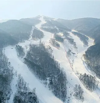  ??  ?? Im Jeongseon Alpine Center auf dem Berg Gariwang tragen Skifahrer und Skifahreri­nnen ihre olympische­n Rennen aus. Für die Abfahrt (Bildmitte) wurden tausende Bäume gefällt.