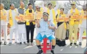  ?? PTI ?? TDP MP Naramalli Siva Prasad dressed as a school child while protesting for special status to AP in New Delhi on Tuesday.