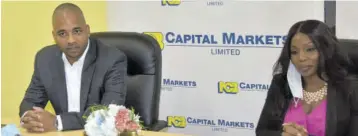  ??  ?? NCB Capital Markets Assistant Vice-president for Alternativ­e Investment Simone Hudson Bernard and Chief Executive Officer Steven Gooden at Monday’s Business Observer Forum.