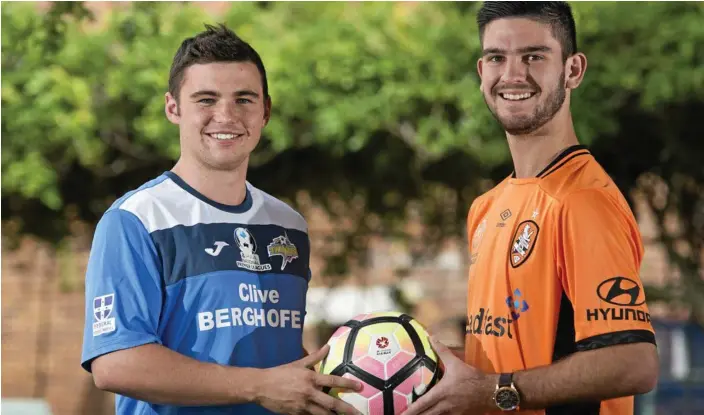  ?? PHOTO: KEVIN FARMER ?? RIVALS: Tom Fanning (left) of South-West Thunder looks forward to playing on the Suncorp Stadium pitch as a curtain raiser for Cameron Crestani’s (right) Brisbane Roar A-League game.