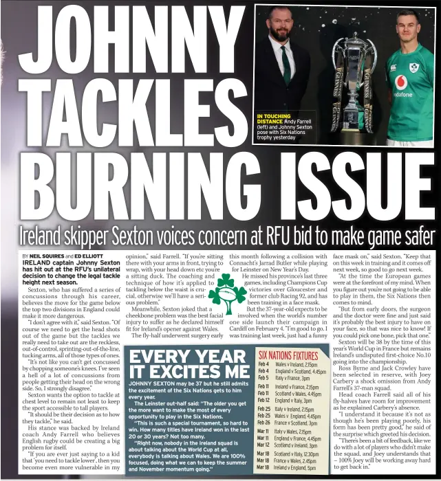  ?? ?? IN TOUCHING DISTANCE Andy Farrell (left) and Johnny Sexton pose with Six Nations trophy yesterday