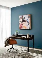  ??  ?? BELOW LEFT A feature wall in Dulux Five Fingers Peninsula from the Retreat palette makes this home office nook a tranquil addition to a living space.