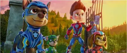  ?? PARAMOUNT PICTURES ?? Christian Convery voices Chase, Callum Shoniker is Rocky, Finn Lee-Epp is Ryder, and Marsai Martin is Liberty in “PAW Patrol: The Mighty Movie.”