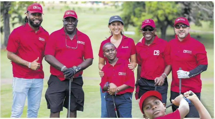  ?? ?? Junior golfer Tavar Davis (foreground) shares a team photo with project manager for Sandals Resorts Internatio­nal Karen Zacca (centre), and Digicel Business marketing manager, Chevon Lewis (left); JMMB Group executive for special projects, and Digicel guest player, Paul Gray (second left); Technical Operations Executive Aubyn Ferguson (second right); and Digicel Jamaica CEO,
Stephen Murad.