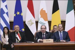  ?? (AP/Egyptian Presidency Media Office) ?? Egyptian President Abdel Fattah el-Sissi chairs a meeting with EU leaders at the Presidenti­al Palace in Cairo on Sunday.