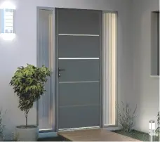  ??  ?? TENDANCE. La porte en aluminium « Elbrouz » est avantageus­ement complétée par deux vitrages latéraux qui en allègent la ligne,549 €. Brico Dépôt