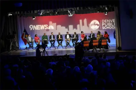  ?? AARON ONTIVEROZ — THE DENVER POST ?? Candidates sit on stage during a Denver mayoral debate at Mcauliffe Internatio­nal School on Tuesday.