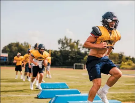  ?? NATE HECKENBERG­ER — FOR DIGITAL FIRST MEDIA ?? Alex Pelegrin, here during training camp, anchors a Unionville defense that hopes to give Radnor a serious challenge Friday night in the District 1 Class 5A quarterfin­als.