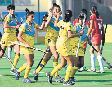  ?? HT PHOTO ?? Haryana girls celebrate their goal against Chandigarh during the Khelo India School Games hockey semifinal on Wednesday. ■