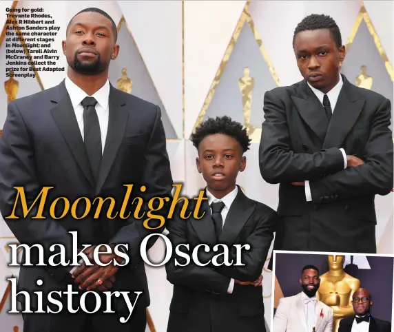  ??  ?? Going for gold: Trevante Rhodes, Alex R Hibbert and Ashton Sanders play the same character at different stages in Moonlight; and (below) Tarell Alvin McCraney and Barry Jenkins collect the prize for Best Adapted Screenplay