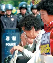  ?? YONHAP NEWS AGENCY ?? A protester weeps as US military vehicles carry components of the THAAD system on Thursday in Seongju.