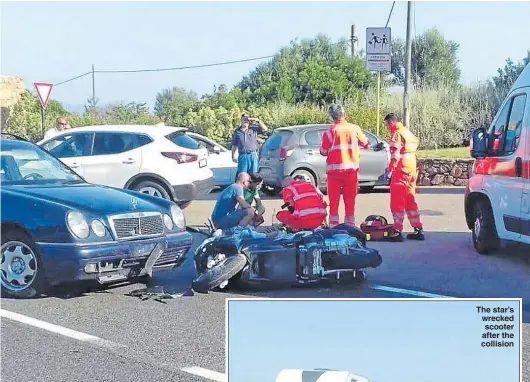  ?? Pictures: BACKGRID ?? The star’s wrecked scooter after the collision